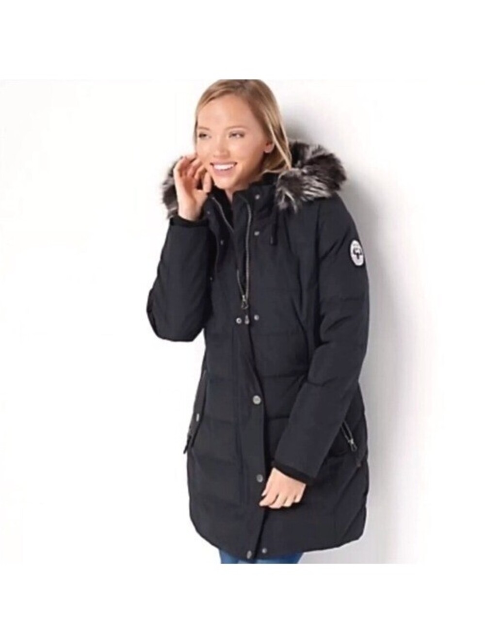 Women Black Winter Down Parka Coat XL Warm Jacket with Fur Hood Removable Hood